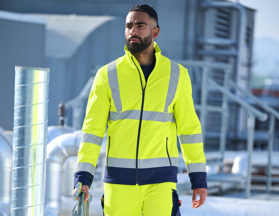 Main action image High-vis softshell jacket e.s.line.core high-vis yellow/navy